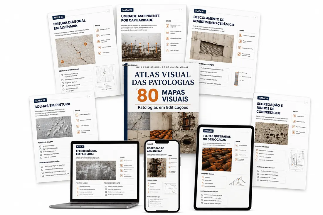 Composição com páginas A4 do Atlas Visual das Patologias sobrepostas e um tablet exibindo um mapa técnico de umidade por capilaridade